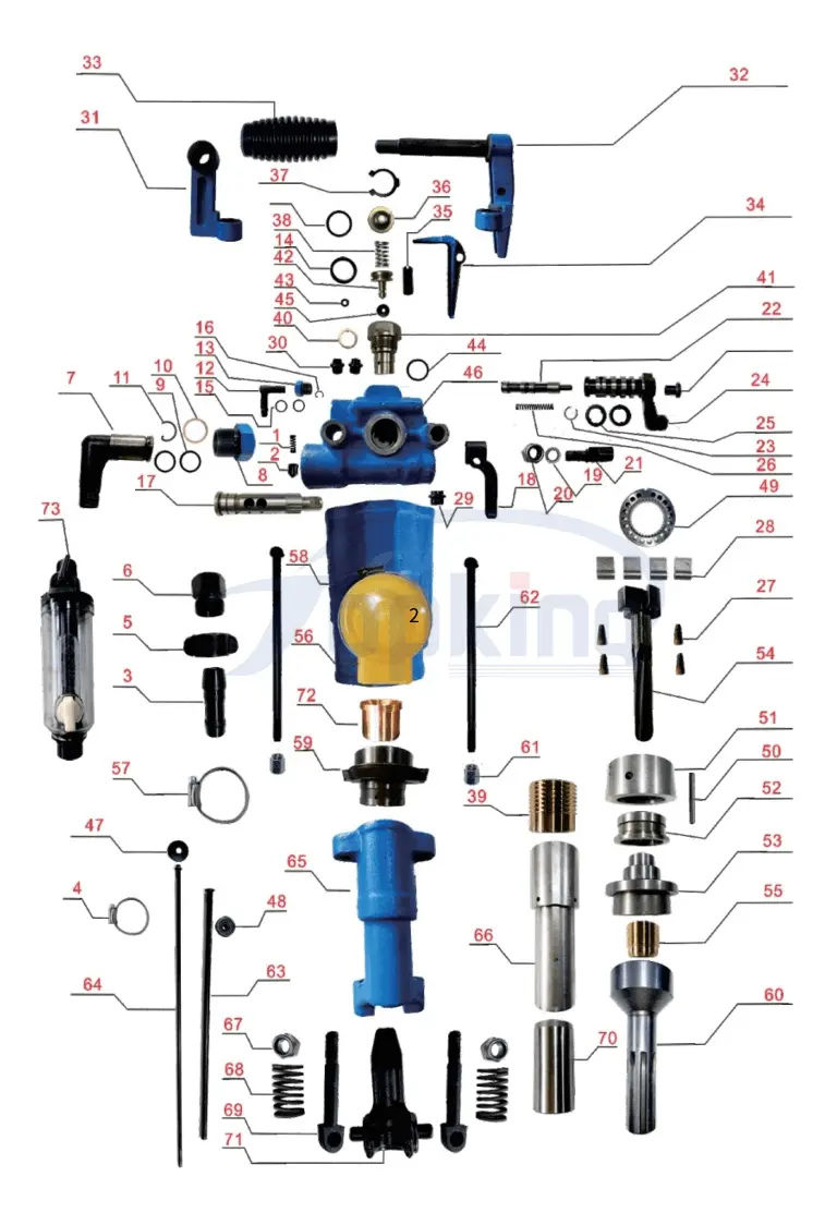 Exploded view diagram and parts list for YT29A air leg rock drill