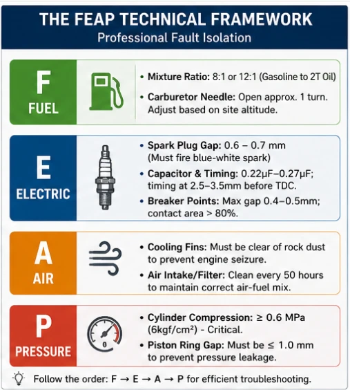 The FEAP technical framework for YN27C rock drill repair featuring fuel ratio, spark gap, and compression pressure standards