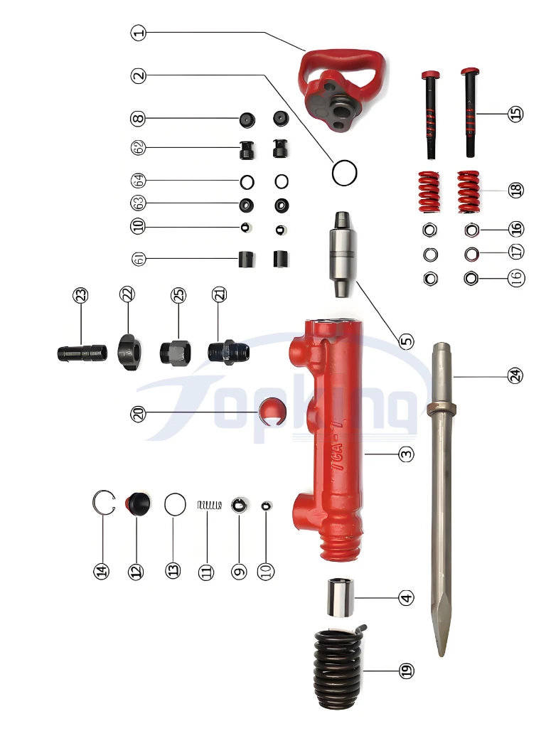 Complete G7 and TCA-7 pneumatic pick spare parts exploded diagram