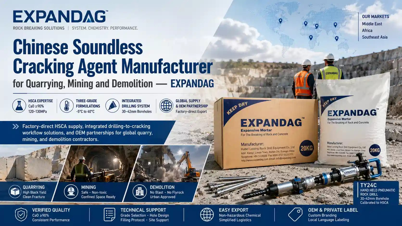 Chinese Soundless Cracking Agent Manufacturer for Quarrying, Mining and Demolition — EXPANDAG